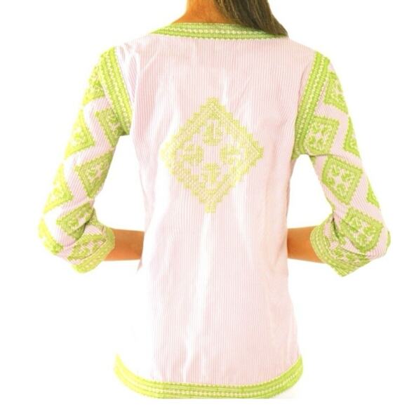 Gretchen Scott Designs Embroidered Top - Odessa Pink & Green Shirt Boho Sz M - Picture 8 of 11